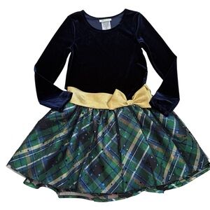 Bonnie Jean Plaid Bottom Velvet Long Sleeve Gold Ribbon Holiday Dress Size 10
